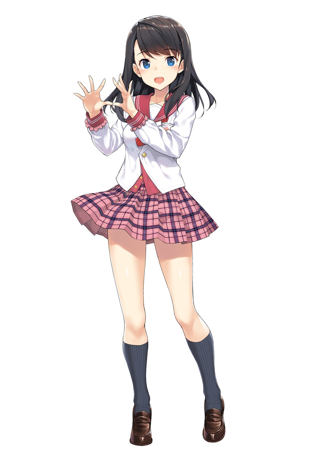 1girl bangs black_hair blue_eyes blue_legwear breasts buttons commentary_request detached_sleeves eyebrows_visible_through_hair frills full_body hands_up highres loafers long_hair long_sleeves looking_at_viewer medium_breasts official_art onsen_musume open_mouth pleated_skirt sailor_collar school_uniform shiny shiny_hair shoes simple_background skirt smile socks solo standing takayaki white_background