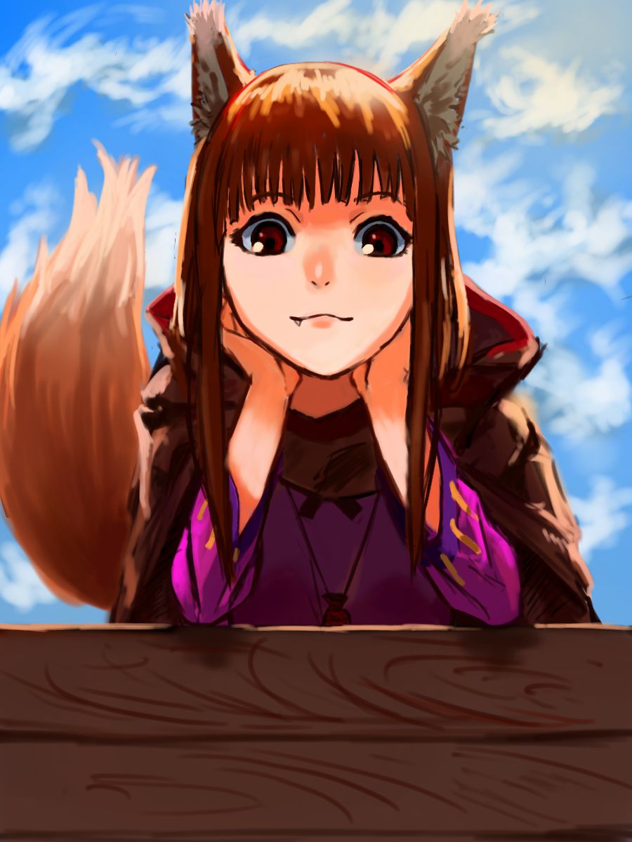 1girl :3 animal_ears bangs blue_sky blunt_bangs brown_hair cloak clouds cloudy_sky fang fang_out head_rest highres holo looking_at_viewer mlrudomiru outdoors pouch red_eyes sky smile solo spice_and_wolf tail wolf_ears wolf_tail