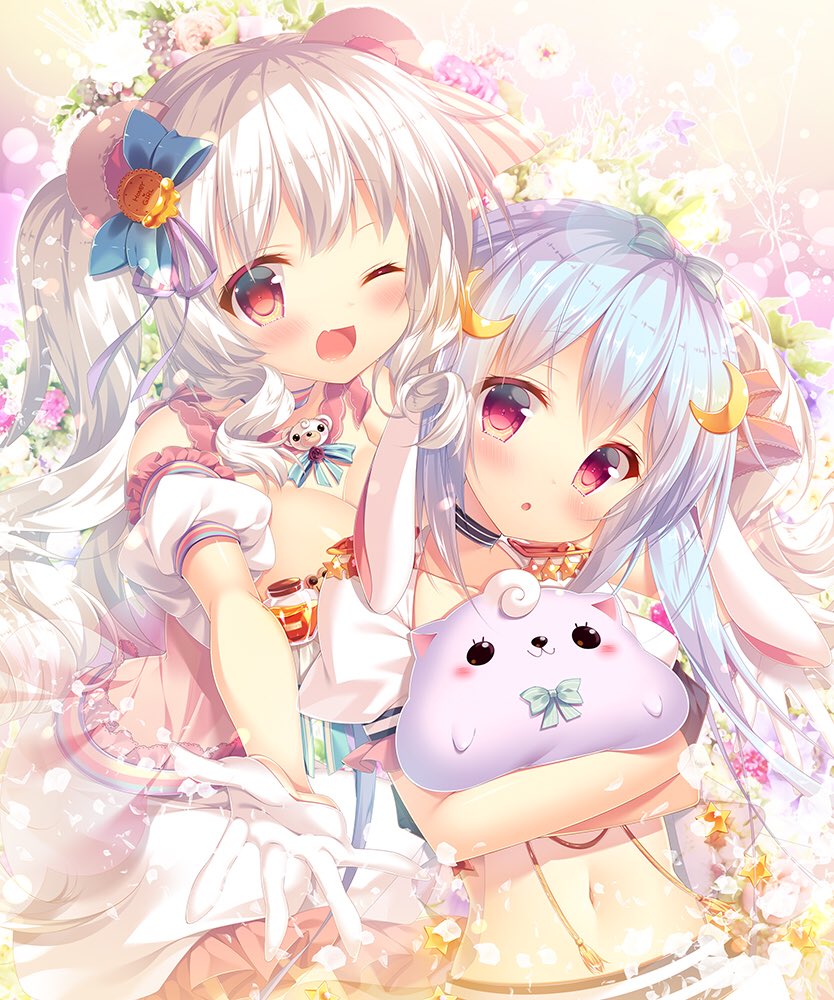 2girls :o ;d animal_ears bangs bear_ears black_choker blue_bow blue_hair blush bow character_request choker copyright_request creature crescent crescent_hair_ornament detached_collar dress flower gloves hair_bow hair_ornament half_gloves holding long_hair looking_at_viewer mitsumomo_mamu multiple_girls navel one_eye_closed open_mouth outstretched_hand rabbit_ears red_eyes short_sleeves sidelocks smile star striped suspenders twintails violet_eyes white_gloves white_hair