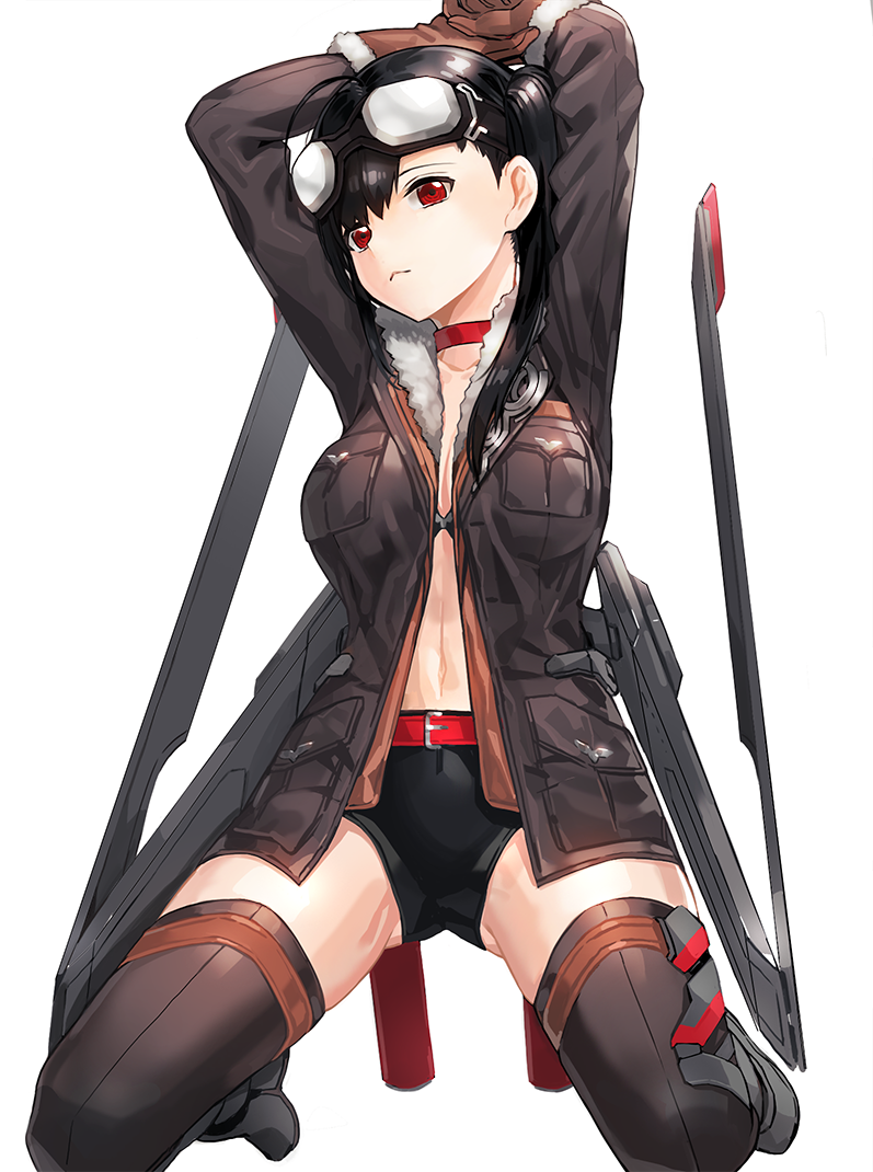 1girl :&lt; ahoge bangs belt bike_shorts black_hair breasts brown_gloves brown_legwear choker closed_mouth coat commentary_request copyright_request fur_trim gloves gluteal_fold goggles goggles_on_head hands_above_head hands_up kfr kneeling legs_apart looking_at_viewer medium_breasts navel red_choker red_eyes simple_background solo thigh-highs twintails white_background