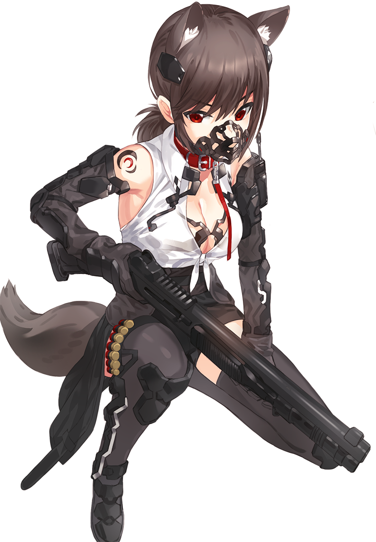 1girl animal_ears bangs black_legwear breasts brown_hair cleavage commentary_request copyright_request elbow_gloves eyebrows_visible_through_hair gloves gun headgear holding holding_gun holding_weapon kfr looking_at_viewer medium_breasts muzzle one_knee red_eyes shirt shotgun simple_background sleeveless solo tail thigh-highs tied_shirt weapon white_background white_shirt