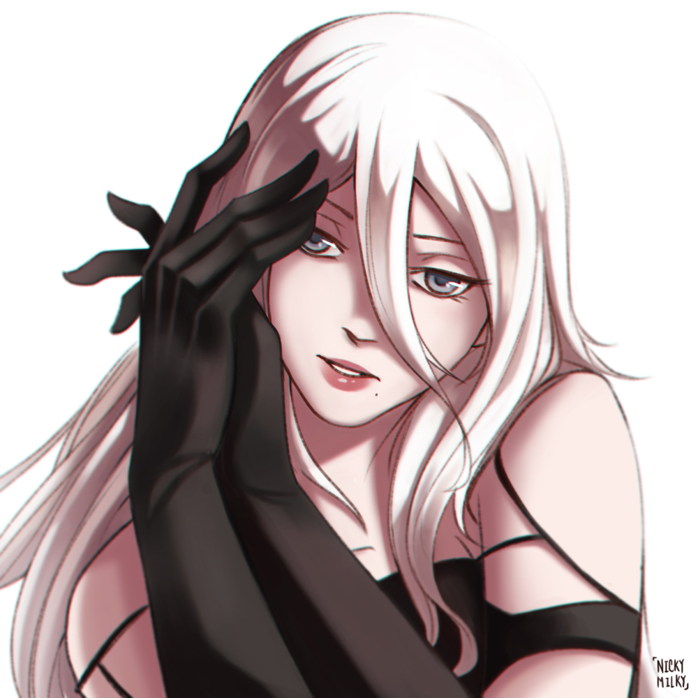 1girl artist_name bare_shoulders black_gloves black_tank_top blue_eyes elbow_gloves gloves hair_between_eyes long_hair looking_at_viewer mole mole_under_mouth nickymilky nier_(series) nier_automata own_hands_together silver_hair simple_background solo torn_tank_top upper_body white_background yorha_type_a_no._2