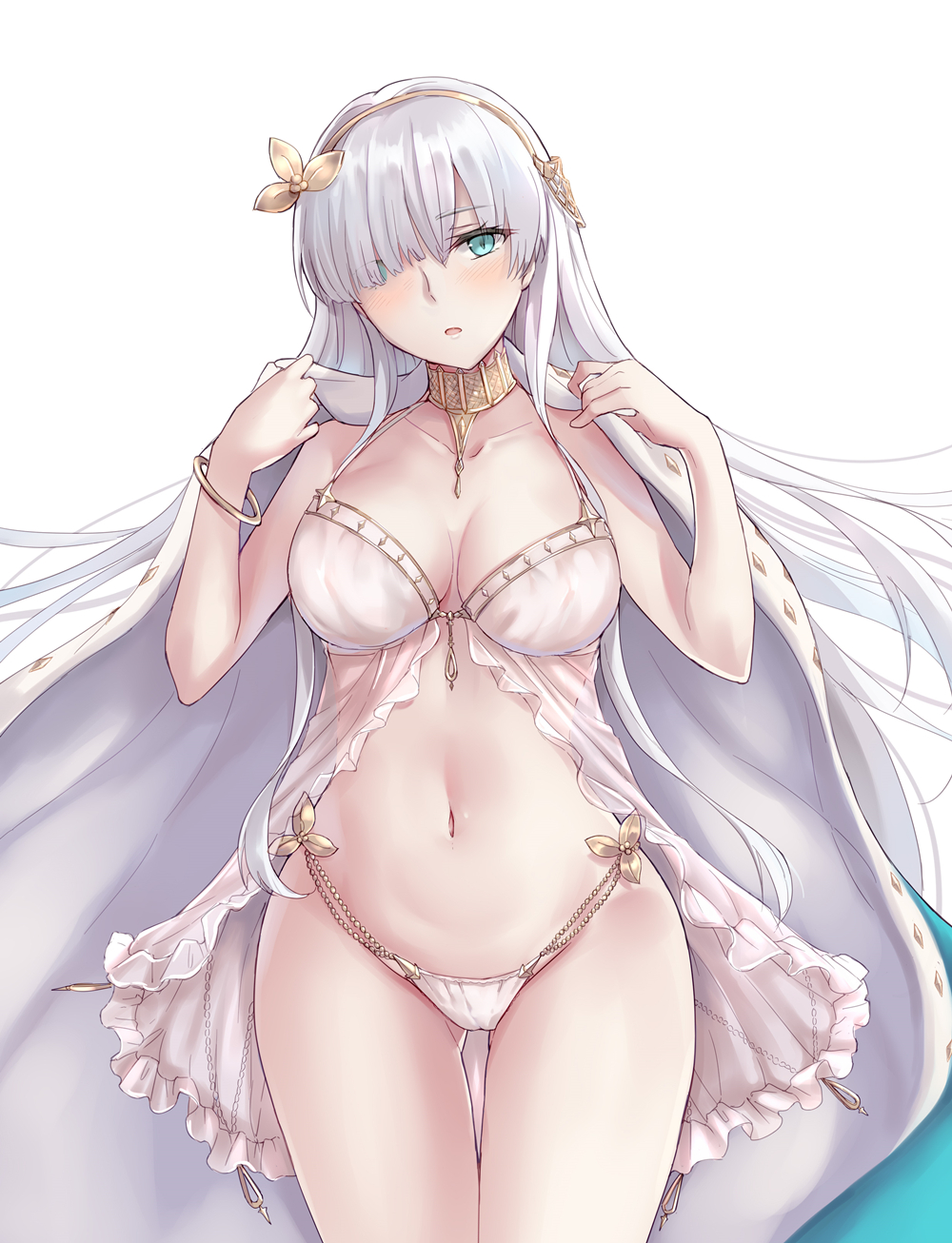 1girl anastasia_(fate/grand_order) aqua_eyes babydoll bangle bangs bare_arms bare_shoulders bracelet breasts cape cleavage collarbone eyebrows_visible_through_hair fate/grand_order fate_(series) gluteal_fold groin hair_ornament hair_over_one_eye head_tilt highres jewelry leaf_hair_ornament long_hair medium_breasts navel neck_ring panties silver_hair simple_background solo stomach thigh_gap thighs tsurime underwear very_long_hair white_background white_cape white_panties yellow_hairband yuemanhuaikong