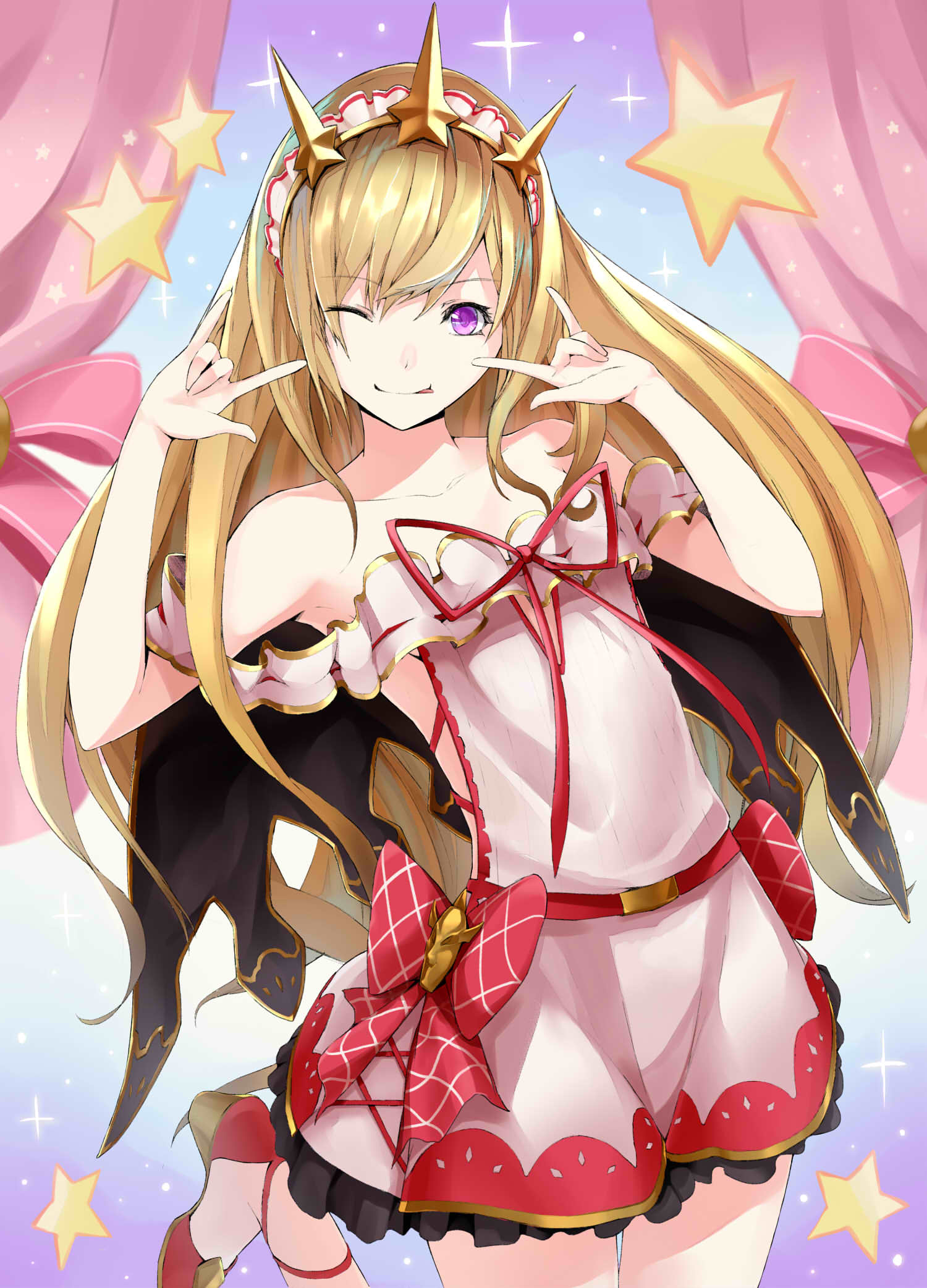 1girl ;p aizawa_masaya belt blonde_hair bow breasts cagliostro_(granblue_fantasy) collarbone dress floating_hair frilled_dress frills granblue_fantasy grey_dress hair_ornament high_heels highres long_hair looking_at_viewer one_eye_closed one_leg_raised red_bow red_footwear short_dress sideboob sleeveless sleeveless_dress small_breasts solo sparkle star star_print tongue tongue_out very_long_hair violet_eyes