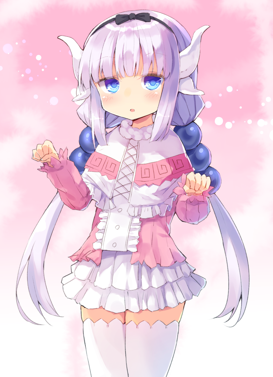 1girl blue_eyes blush dragon_girl dragon_horns frilled_skirt frills hairband highres hopepe horns kanna_kamui kobayashi-san_chi_no_maidragon lavender_hair long_hair looking_at_viewer pink_background skirt solo tail thigh-highs twintails white_skirt zettai_ryouiki