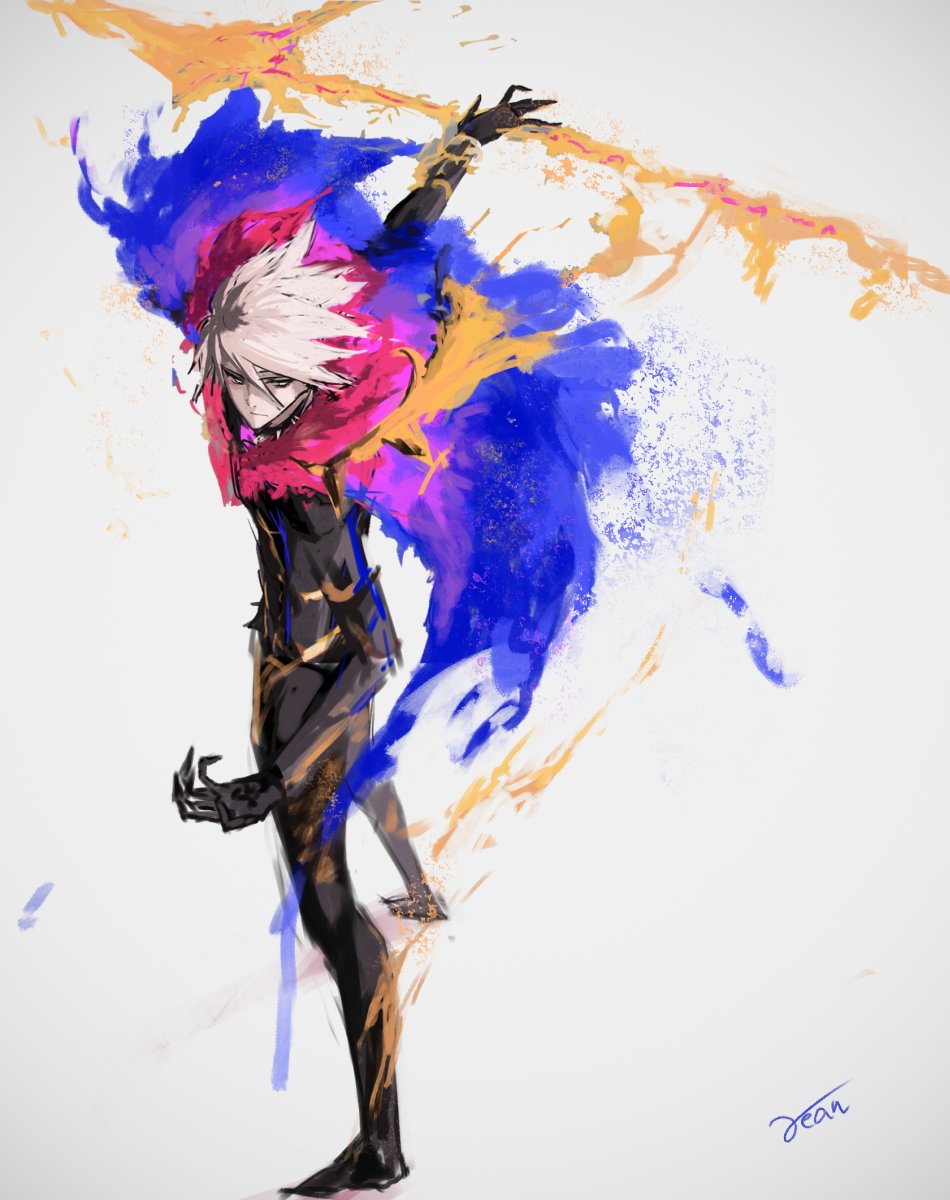 1boy black_bodysuit blue_cape bodysuit cape collar colorful fate/apocrypha fate_(series) from_side hair_between_eyes highres holding holding_weapon karna_(fate) legs_apart male_focus multicolored multicolored_cape multicolored_clothes rean_(r_ean) red_cape signature silver_hair solo spiked_collar spikes standing weapon