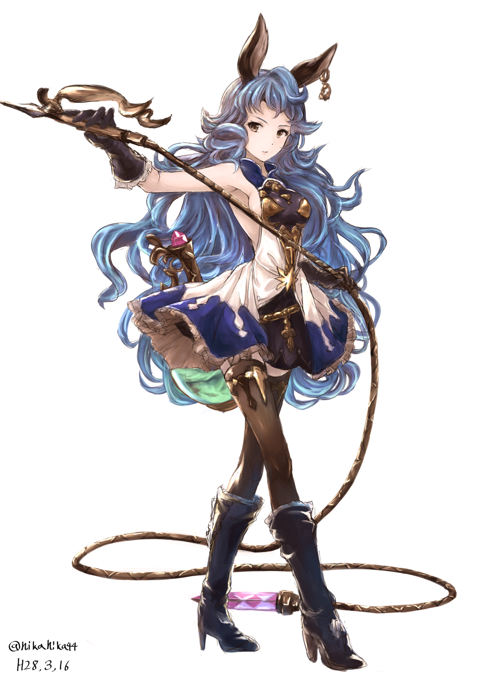 1girl akita_hika animal_ears black_footwear black_gloves black_legwear blue_hair boots breasts brown_eyes dated dress earrings ferry_(granblue_fantasy) floating_hair frilled_dress frills full_body gloves granblue_fantasy high_heel_boots high_heels highres holding holding_weapon jewelry knee_boots long_hair looking_at_viewer medium_breasts rabbit_ears short_dress sideboob signature simple_background sleeveless sleeveless_dress solo standing thigh-highs very_long_hair weapon whip white_background