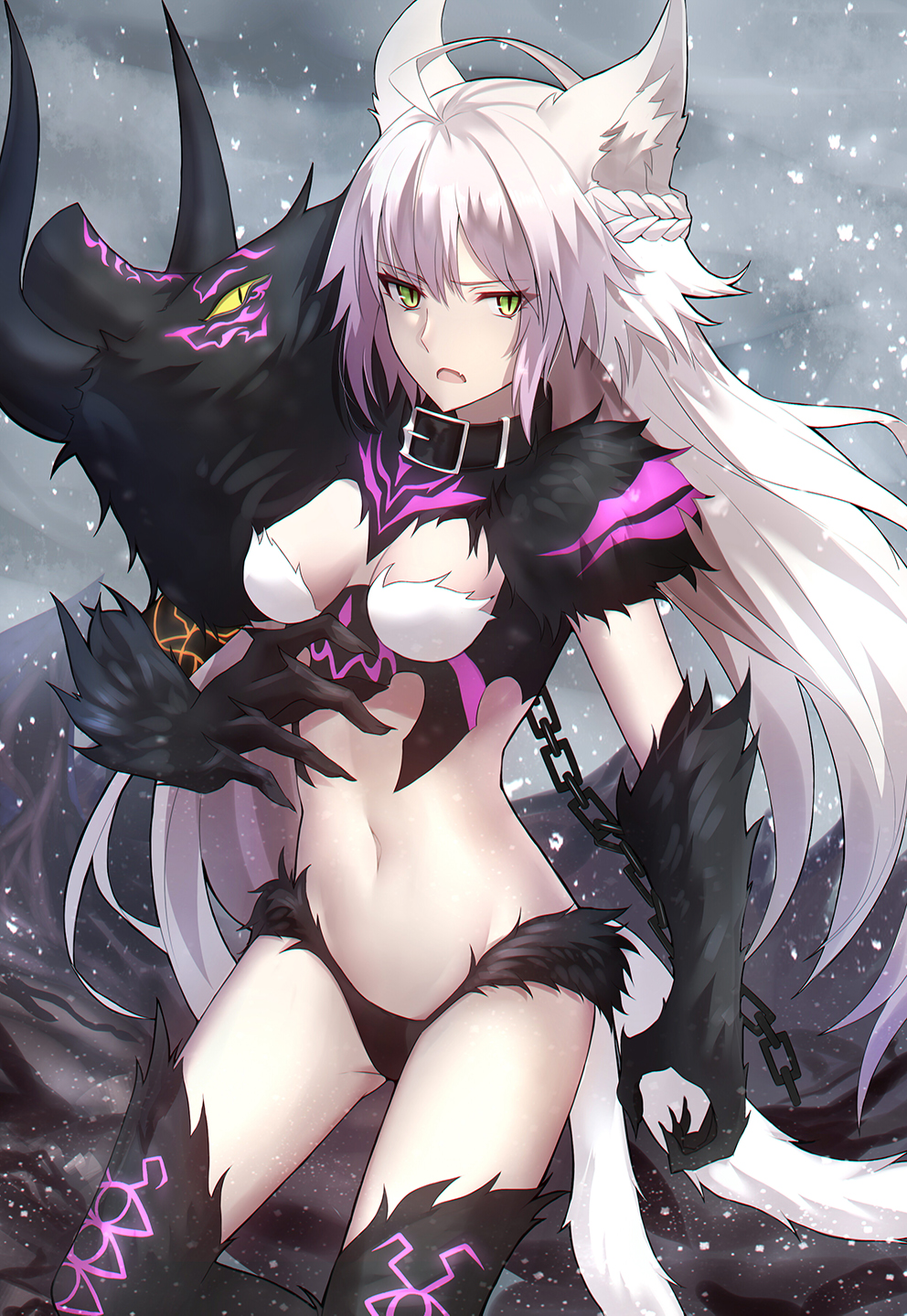 1girl agrius_metamorphosis ahoge animal_ears atalanta_(alter)_(fate) bangs belt_collar black_collar black_panties braid breasts chains claws clouds day eyebrows_visible_through_hair fang fate/grand_order fate_(series) floating_hair french_braid fur gradient_hair green_eyes grey_sky groin hair_between_eyes hand_up highres long_hair looking_at_another looking_at_viewer multicolored_hair navel open_mouth outdoors pale_skin panties pink_hair shiguru shiny shiny_hair sidelocks silver_hair slit_pupils small_breasts snowing stalagmite standing stomach tail tsurime underwear very_long_hair white_hair wind yellow_sclera