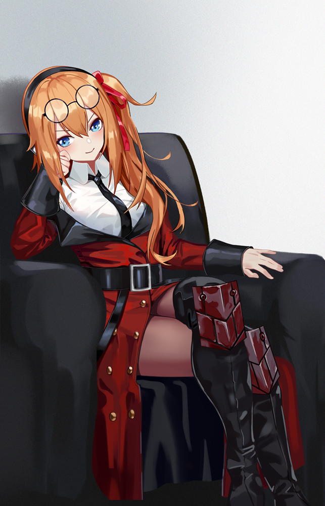 1girl ahoge bangs belt black_footwear black_legwear black_neckwear blonde_hair blue_eyes blush boots breasts brown_hair buckle buttons cleavage coat collared_shirt couch double-breasted elbow_rest eyebrows_visible_through_hair eyewear_on_head girls_frontline gloves hair_between_eyes hair_ornament hair_over_shoulder hair_ribbon head_on_hand kalina_(girls_frontline) knee_pads large_breasts legs_crossed long_hair looking_at_viewer necktie pantyhose red_ribbon ribbon round_eyewear shirt side_ponytail sidelocks sitting sleeves_folded_up smile solo sunglasses thigh-highs thigh_boots thighs tsuaaa white_shirt