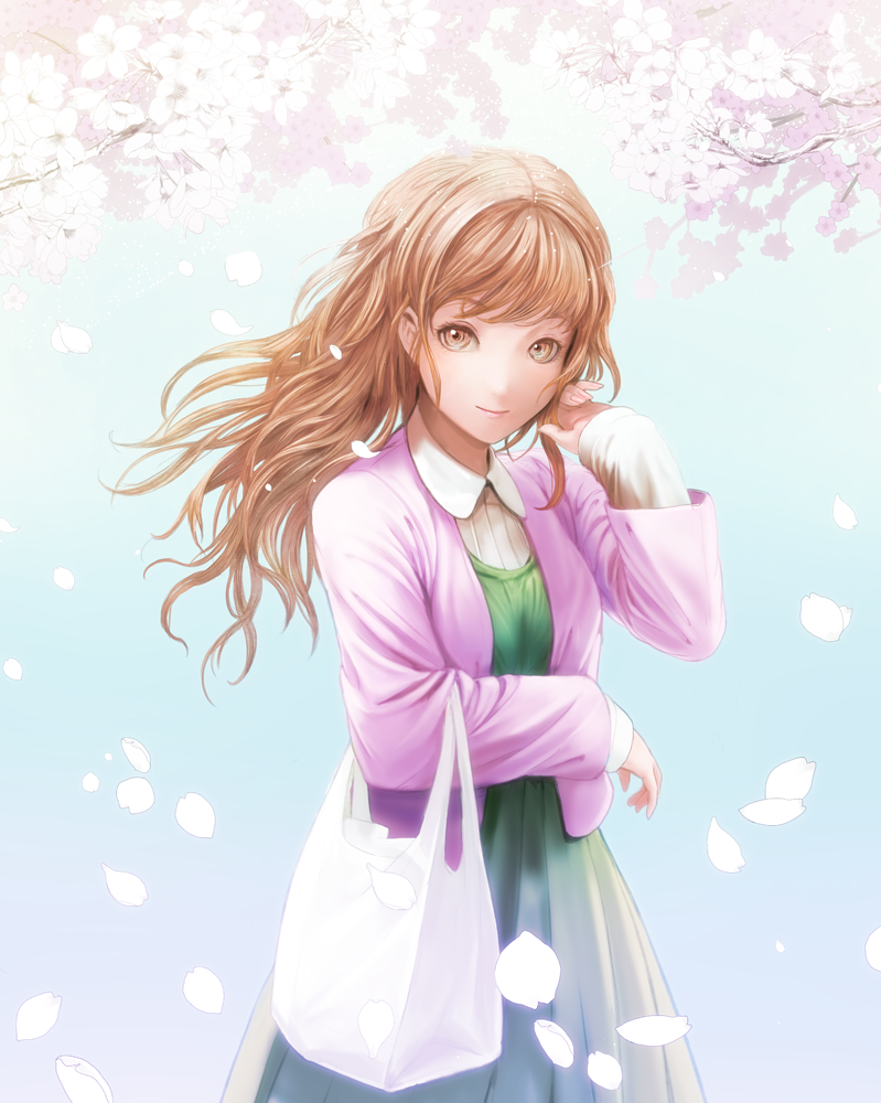 1girl bag brown_eyes brown_hair cherry_blossoms closed_mouth commentary_request eyebrows_visible_through_hair long_hair long_sleeves looking_at_viewer nekoita original shopping_bag smile solo