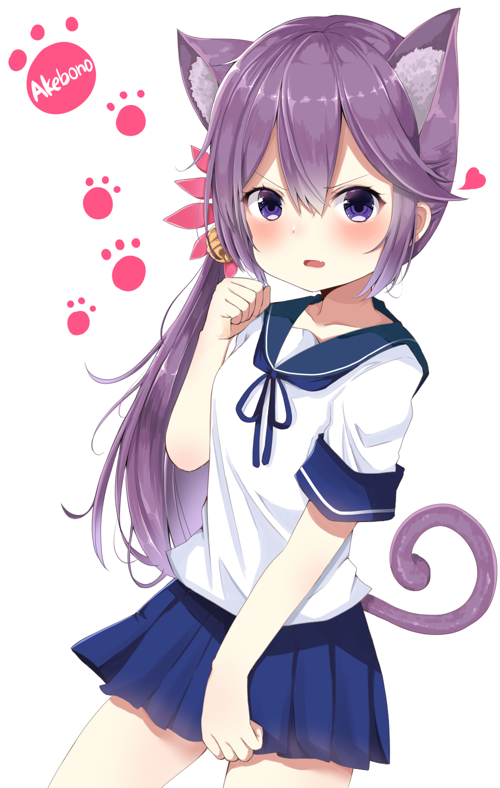 1girl akebono_(kantai_collection) animal_ears bangs bell blue_ribbon blue_sailor_collar blue_skirt blush breasts cat_ears cat_girl cat_tail character_name collarbone commentary_request cowboy_shot eyebrows_visible_through_hair fang flower hair_bell hair_between_eyes hair_flower hair_ornament hand_up heart highres jingle_bell kantai_collection kemonomimi_mode looking_at_viewer neck_ribbon noeru_(gt17854) parted_lips paw_background pink_flower pleated_skirt purple_hair ribbon sailor_collar school_uniform serafuku shirt short_sleeves sidelocks skirt small_breasts solo tail v-shaped_eyebrows violet_eyes white_background white_shirt