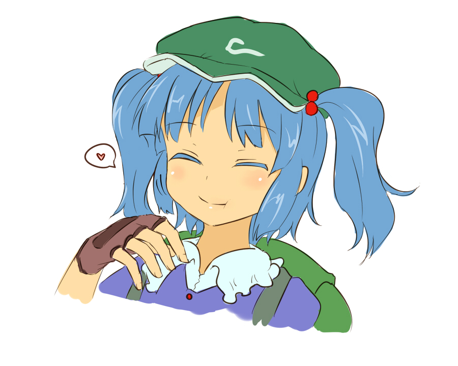 1girl backpack bag bangs blue_hair brown_gloves closed_eyes closed_mouth colored_eyelashes eating eyebrows_visible_through_hair fingerless_gloves gloves green_hat hair_bobbles hair_ornament hat heart kawashiro_nitori miyo_(ranthath) simple_background solo spoken_heart touhou twintails upper_body white_background
