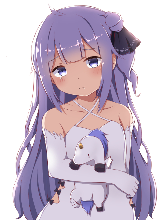 1girl ahoge azur_lane bangs bare_shoulders black_bow black_ribbon blush bow closed_mouth collarbone commentary_request criss-cross_halter damaged dress elbow_gloves eyebrows_visible_through_hair gloves hair_bun hair_ribbon halterneck head_tilt looking_at_viewer moko_(mokomozi11) object_hug one_side_up purple_hair ribbon side_bun simple_background solo stuffed_animal stuffed_pegasus stuffed_toy stuffed_unicorn tears unicorn_(azur_lane) upper_body violet_eyes white_background white_dress white_gloves