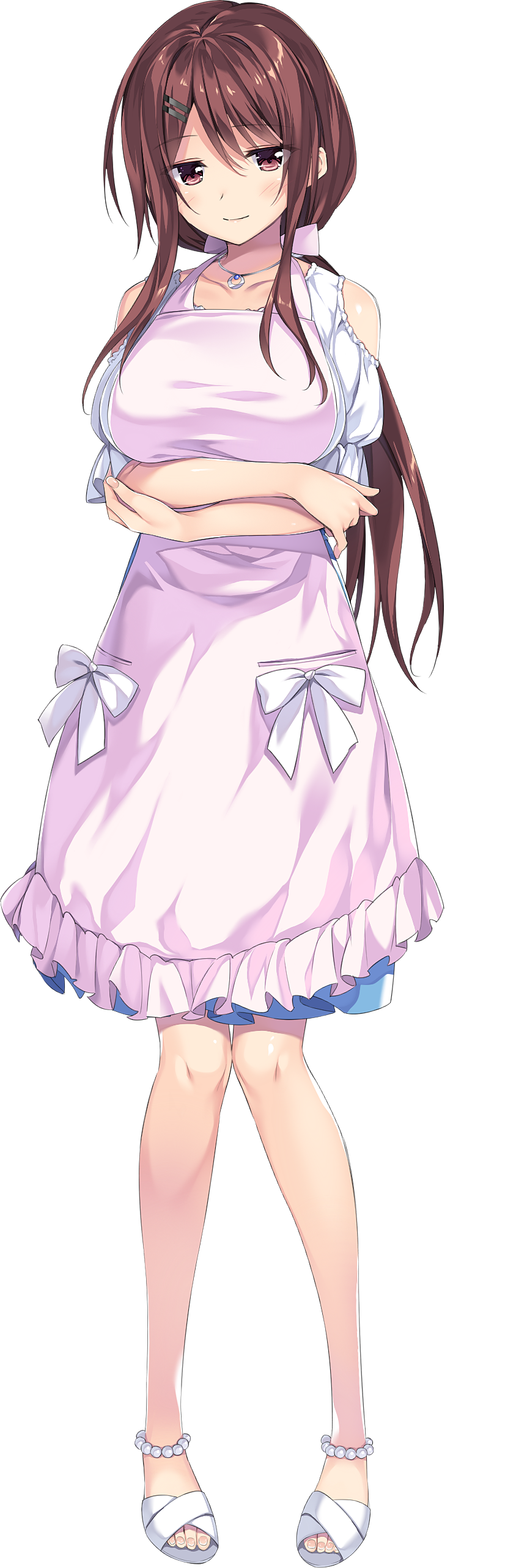 1girl absurdres anklet bead_anklet blush bosei_kanojo_-shikyuu_kikan-hen- brown_eyes brown_hair crossed_arms dress eyebrows_visible_through_hair feet full_body hair_ornament hairclip highres jewelry knees_together_feet_apart long_hair looking_at_viewer necklace official_art oryou ponytail sandals short_sleeves shoulder_cutout smile solo standing tachibana_miori toes transparent_background white_footwear