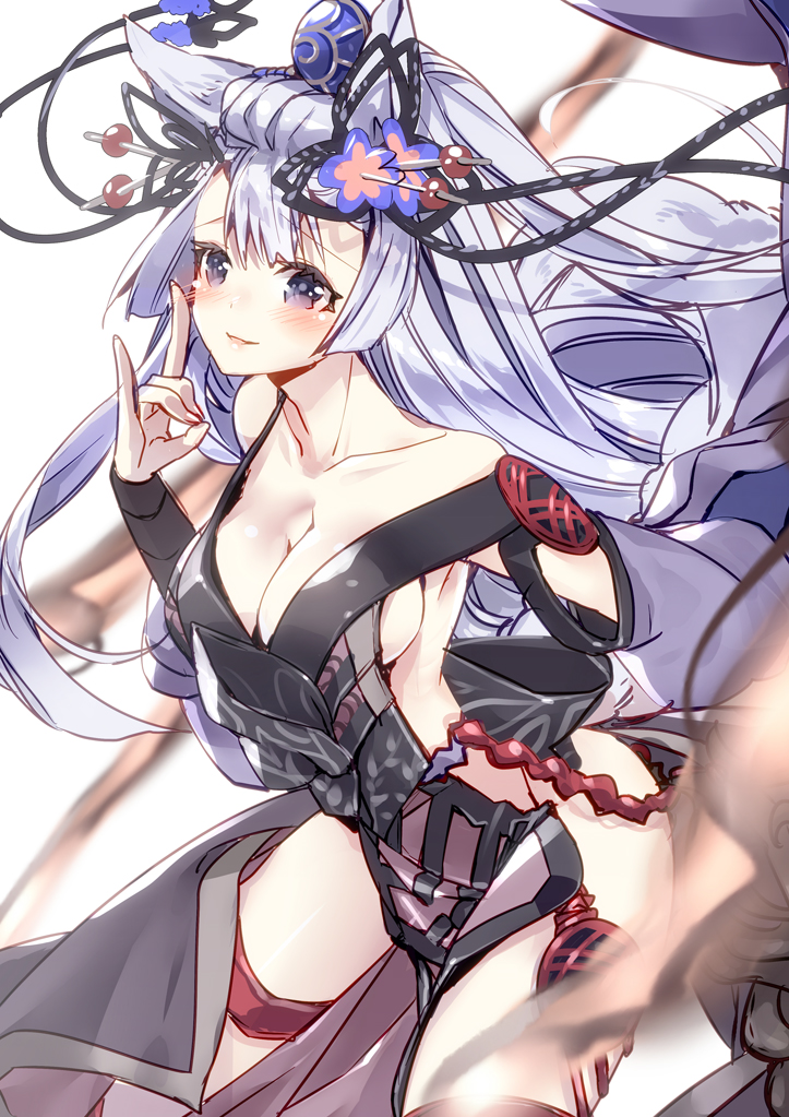 1girl 218 animal_ears black_ribbon blue_eyes blush breasts cleavage collarbone eyebrows_visible_through_hair flower granblue_fantasy hair_between_eyes hair_flower hair_ornament hair_ribbon large_breasts long_hair ribbon sideboob silver_hair sketch societte_(granblue_fantasy) solo thigh_strap wolf_ears