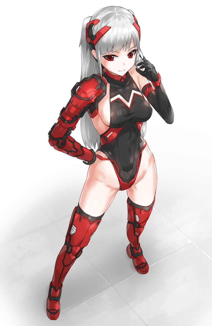 1girl black_gloves black_leotard breasts commentary_request contrapposto covered_navel elbow_gloves full_body gloves hand_on_hip kfr leotard long_hair looking_at_viewer medium_breasts original red_eyes silver_hair smile solo twintails white_background