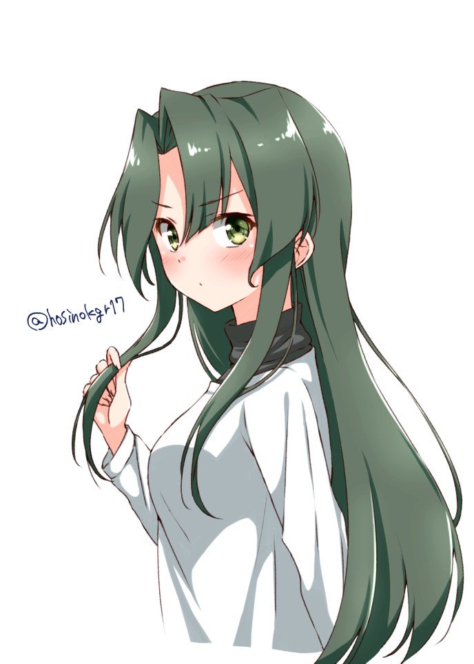 1girl black_sweater commentary_request green_eyes green_hair hair_down hair_intakes holding holding_hair hoshino_kagari kantai_collection long_hair looking_at_viewer shirt simple_background solo sweater twitter_username upper_body white_background white_shirt zuikaku_(kantai_collection)