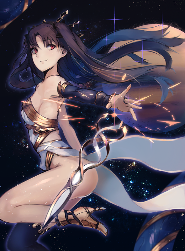 1girl armpits ass bangs bare_shoulders breasts brown_hair closed_mouth crown detached_sleeves eyebrows_visible_through_hair fate/grand_order fate_(series) from_side heavenly_boat_maanna high_heels ishtar_(fate/grand_order) leotard long_hair long_sleeves looking_at_viewer parted_bangs rean_(r_ean) red_eyes single_thighhigh small_breasts smile solo thigh-highs two_side_up