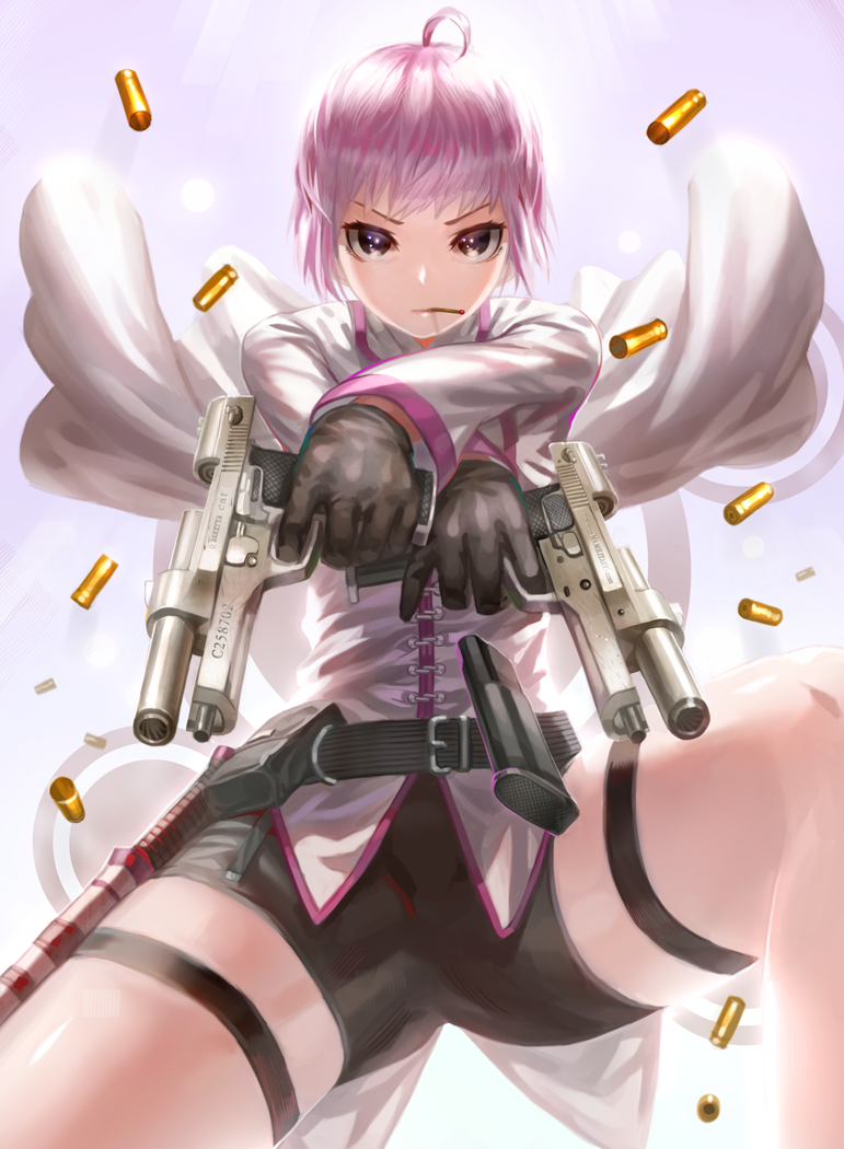 1girl ahoge belt bike_shorts black_gloves casing_ejection cigarette commentary_request crossed_arms dual_wielding finger_on_trigger gloves gun handgun holding holding_gun holding_weapon holster kfr knife leg_belt legs_apart long_sleeves looking_at_viewer magazine_(weapon) magazine_ejection mouth_hold original pistol purple_hair shell_casing short_hair solo standing violet_eyes weapon