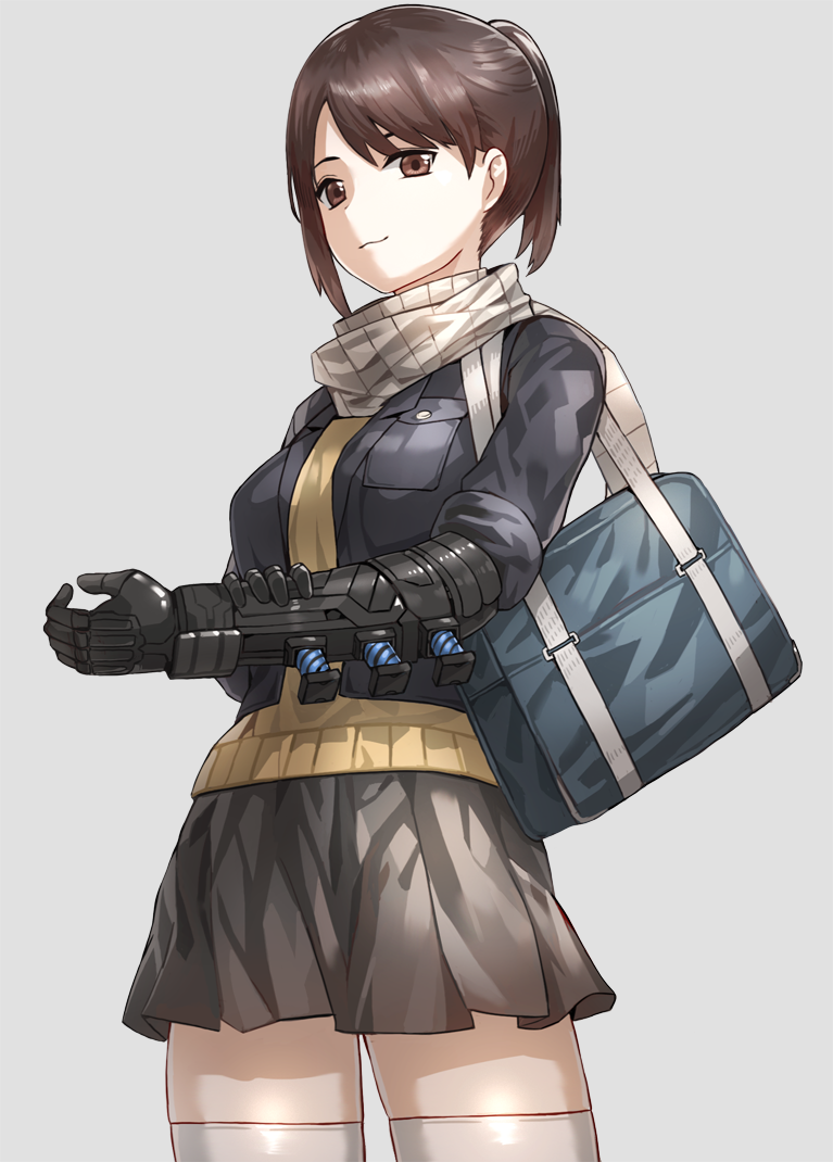 1girl :3 bag blue_jacket breast_pocket brown_eyes brown_hair brown_skirt closed_mouth commentary_request contrapposto cyborg gloves grey_background jacket kfr looking_at_viewer mechanical_arm original pocket ponytail scarf shoulder_bag simple_background skirt smile standing sweater thigh-highs white_legwear white_scarf