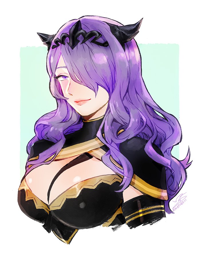 1girl armor black_armor breasts camilla_(fire_emblem_if) fire_emblem fire_emblem_if hair_over_one_eye large_breasts lips long_hair looking_at_viewer purple_hair ravefirell solo tiara very_long_hair violet_eyes wavy_hair