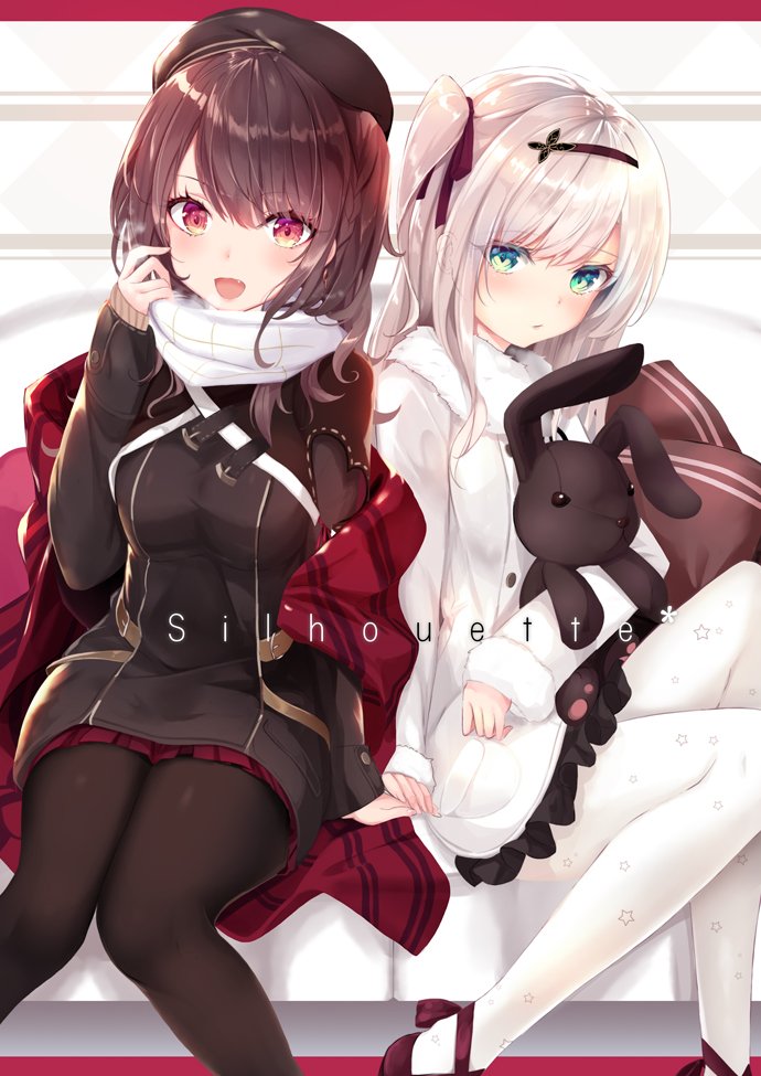 2girls bangs beret black_coat black_hairband black_hat black_legwear black_ribbon black_skirt blush breath brown_eyes brown_hair commentary_request english eyebrows_visible_through_hair fang frown green_eyes hair_ribbon hairband hand_holding haruka_natsuki hat holding holding_stuffed_animal leaning_to_the_side long_hair long_sleeves looking_at_viewer miniskirt multiple_girls one_side_up open_mouth original pantyhose pillow plaid_shawl pleated_skirt red_skirt ribbon scarf shawl side-by-side silver_hair sitting skirt smile stuffed_animal stuffed_bunny stuffed_toy white_coat white_legwear yuri