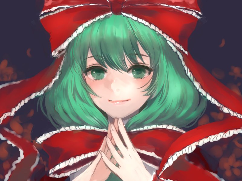 1girl commentary_request eyebrows_visible_through_hair fingers_together green_eyes green_hair hair_ribbon hands_up kagiyama_hina looking_at_viewer red_ribbon ribbon romiy short_hair smile solo touhou upper_body