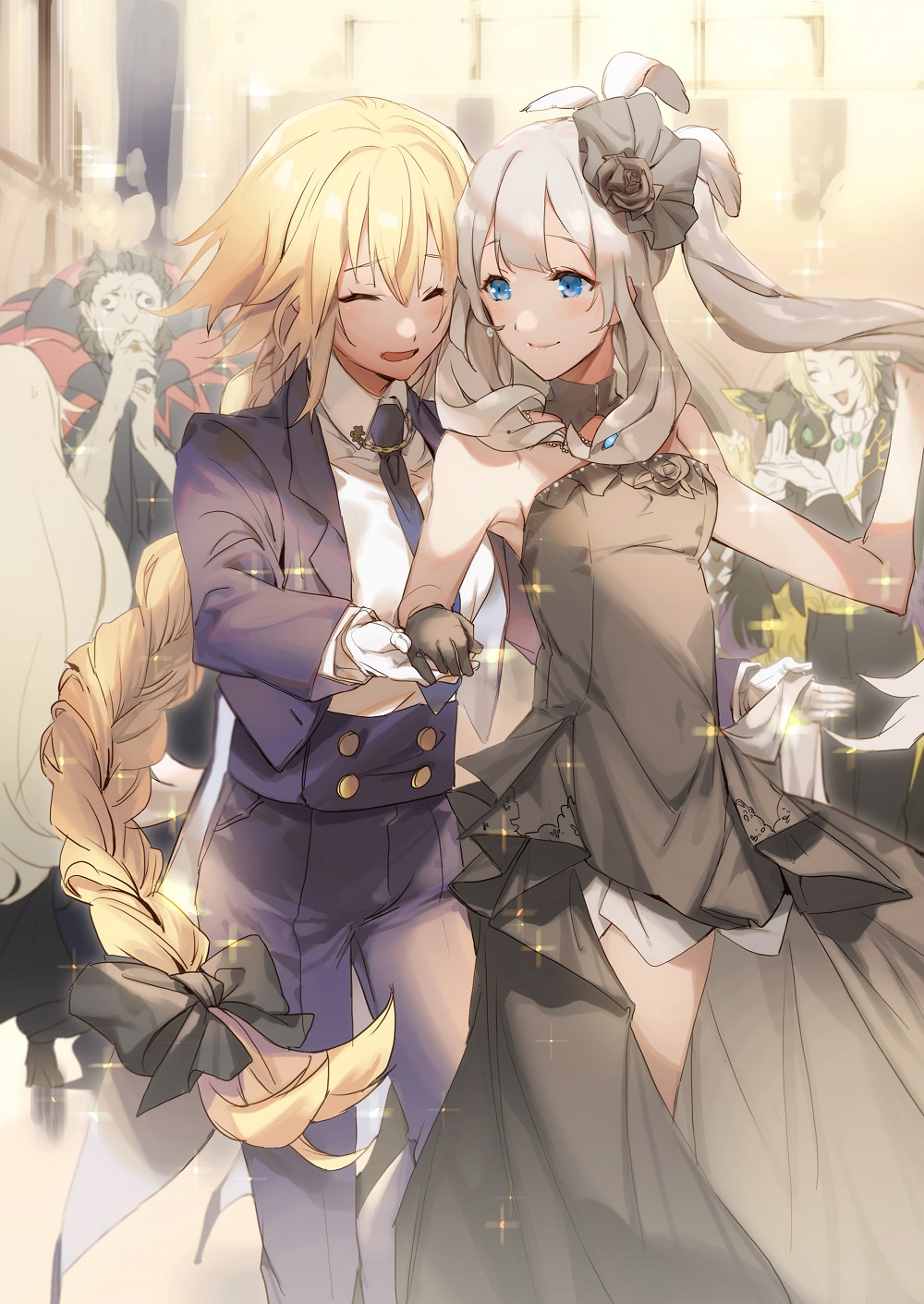 2girls alternate_costume black_bow black_gloves blonde_hair bow braid caster_(fate/zero) closed_eyes commentary dancing dress fate/grand_order fate_(series) formal gloves hair_bow hair_ornament hand_holding highres jeanne_d'arc_(fate) jeanne_d'arc_(fate)_(all) long_braid long_hair marie_antoinette_(fate/grand_order) multiple_girls necktie no-kan silver_hair single_braid smile sparkle strapless strapless_dress suit sweat very_long_hair white_gloves wolfgang_amadeus_mozart_(fate/grand_order)