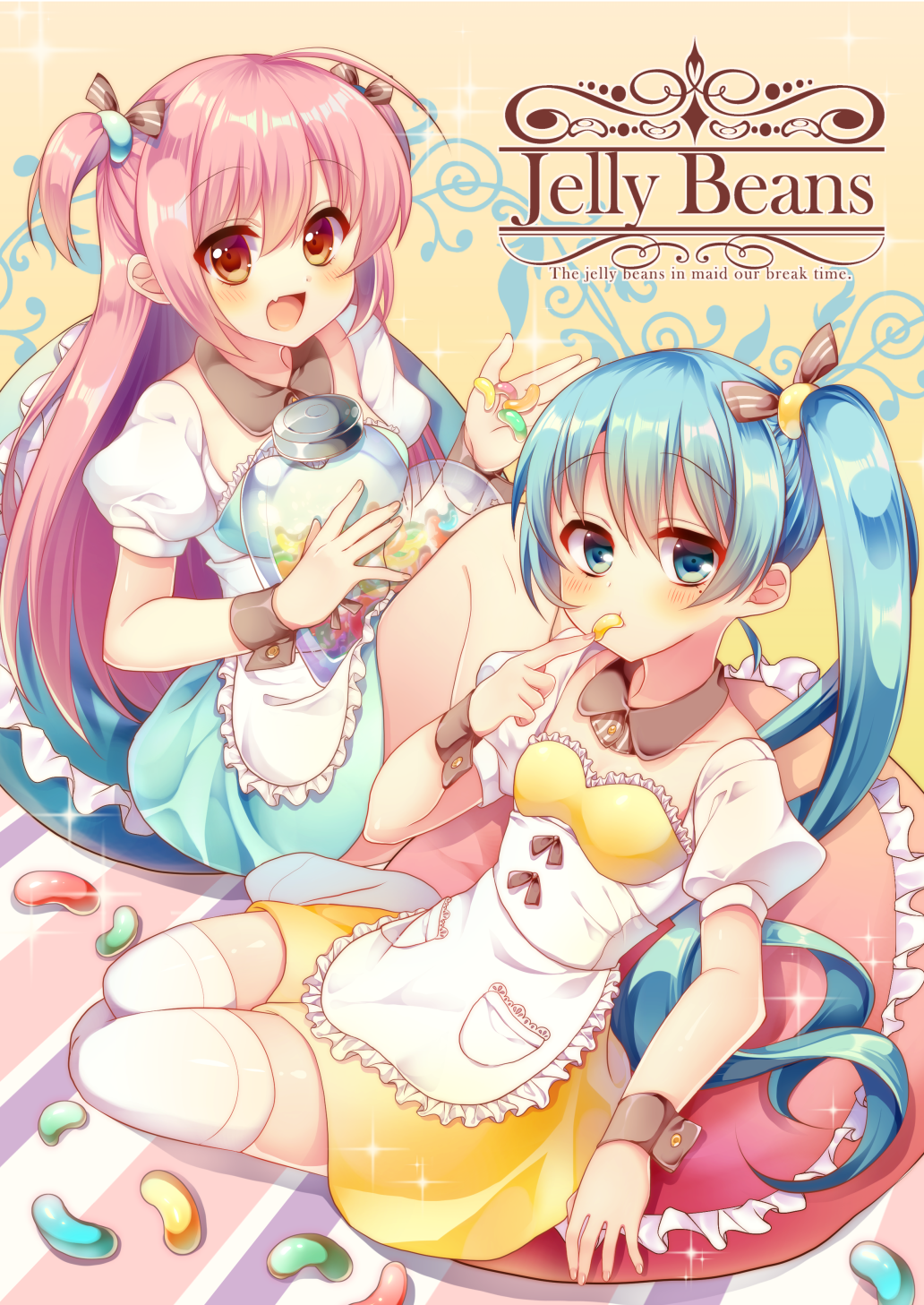 2girls :d apron bangs blue_eyes blue_hair blush breasts brown_eyes brown_ribbon candy closed_mouth collarbone commentary_request detached_collar engrish eyebrows_visible_through_hair fang fingernails food frilled_apron frilled_pillow frills hair_between_eyes hair_ribbon heart highres holding holding_candy holding_food jelly_bean long_hair multiple_girls open_mouth original pillow pink_hair pk_(mukasihasakana) puffy_short_sleeves puffy_sleeves ranguage ribbon shirt short_sleeves side_ponytail sidelocks skirt small_breasts smile striped striped_ribbon thigh-highs two_side_up very_long_hair waist_apron white_apron white_legwear white_shirt wrist_cuffs yellow_skirt