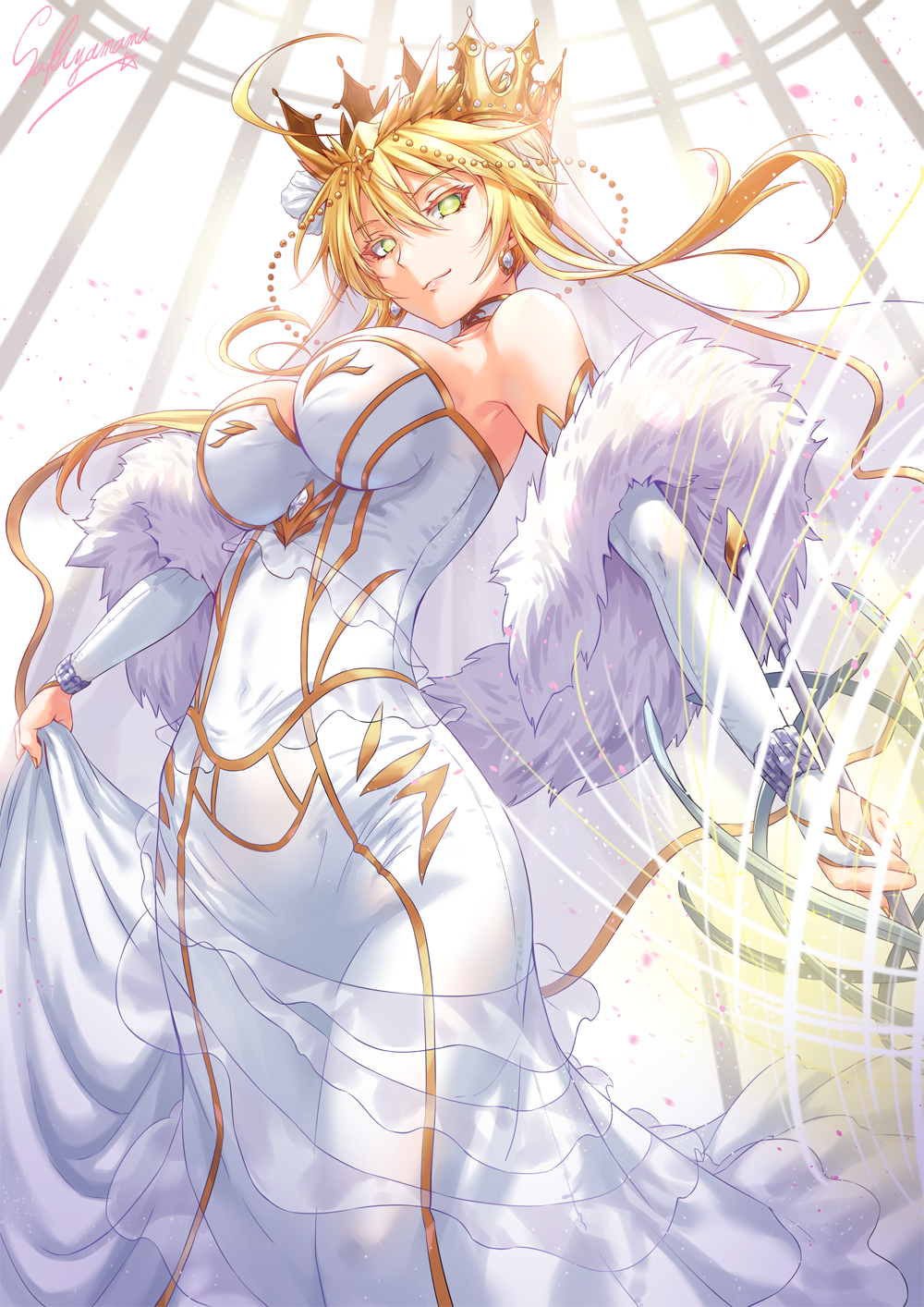 1girl artoria_pendragon_(all) artoria_pendragon_(lancer) bangs breasts crown dress eyebrows_visible_through_hair fate/grand_order fate_(series) green_eyes highres lance large_breasts looking_at_viewer polearm rhongomyniad sakiyamama smile solo weapon white_dress