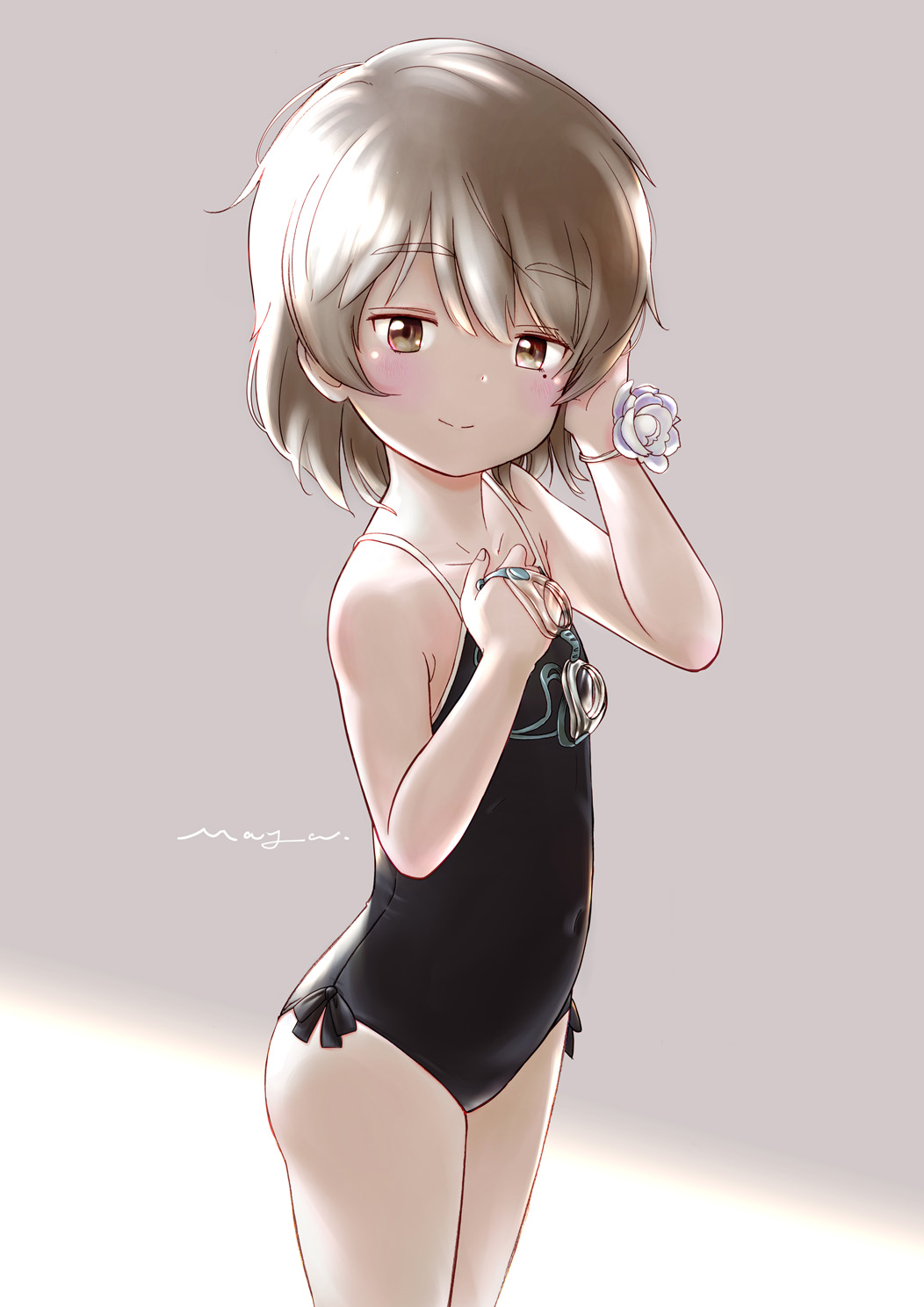 1girl black_swimsuit blush brown_eyes commentary_request covered_navel eyebrows_visible_through_hair goggles goggles_removed hatoba_tsugu hatoba_tsugu_(character) highres holding_goggles looking_at_viewer mayafufu mole mole_under_eye one-piece_swimsuit simple_background smile solo swimsuit wrist_flower