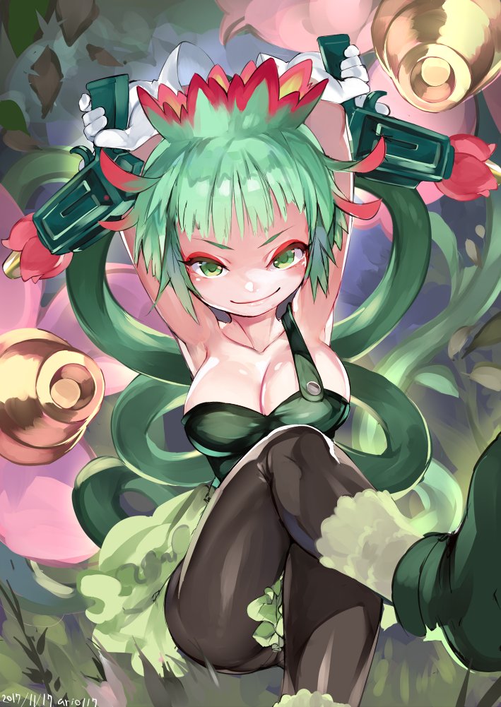 1girl 2017 ankle_boots ario armpits arms_up artist_name bangs bare_shoulders black_legwear blush boots breasts buttons cleavage closed_mouth collarbone dated eyebrows eyeshadow facing_viewer flower gloves green green_eyes green_footwear green_hair gun handgun holding holding_gun holding_weapon large_breasts leaf leg_up looking_at_viewer mahoujin_guruguru makeup multicolored_hair pantyhose pink_flower planano plant plant_girl redhead short_hair single_strap smile solo trigger_discipline two-tone_hair v-shaped_eyebrows vines weapon white_gloves