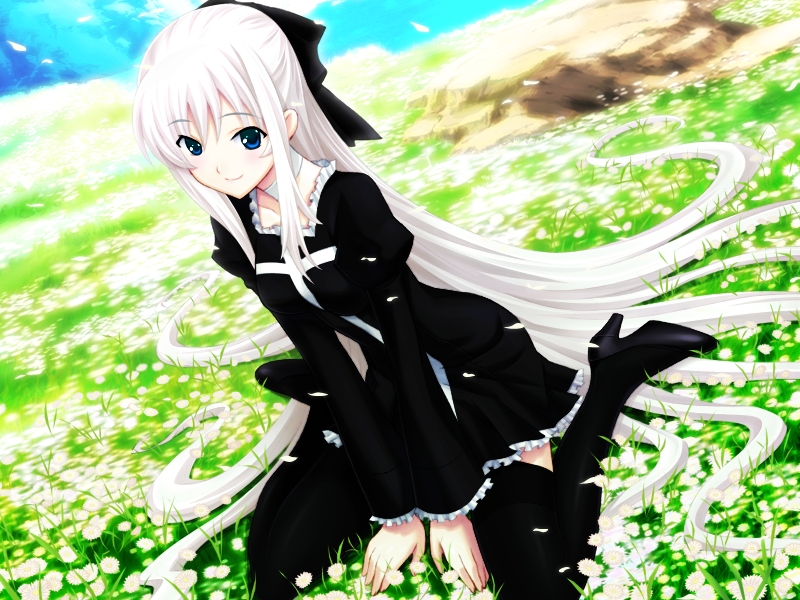 alice_soft black_dress black_legwear blue_eyes blush boots bow choker dress dutch_angle flower frills game_cg grass hair_bow high_heels long_hair mutsumi_masato nature on_ground outdoors shoes sitting sky smile solo takekawa_ibara thigh_boots thighhighs very_long_hair wariza white_hair