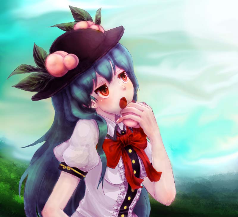 bow food fruit hat hinanawi_tenshi katari long_hair peach red_eyes touhou