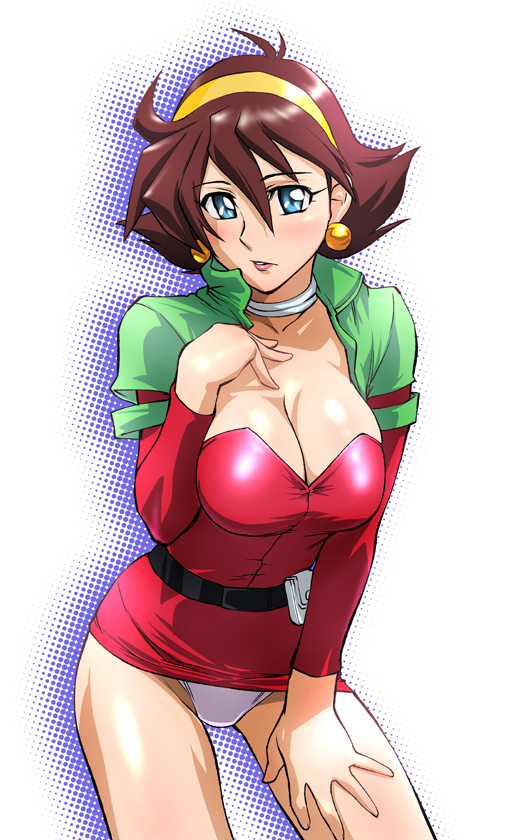 1girl blue_eyes blush breasts brown_hair choker cleavage earrings female g_gundam gundam hairband jewelry large_breasts leaning_forward lipstick panties rain_mikamura short_hair skirt skirt_lift solo ueyama_michirou underwear white_panties