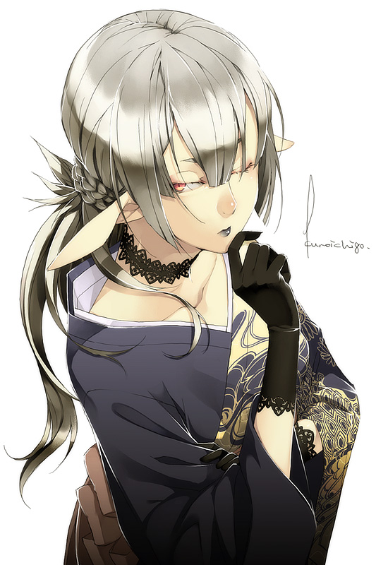 collarbone collarbones face gloves japanese_clothes kimono kyo kyo_(kuroichigo) lipstick long_hair original pointy_ears ponytail red_eyes silver_hair simple_background solo wink