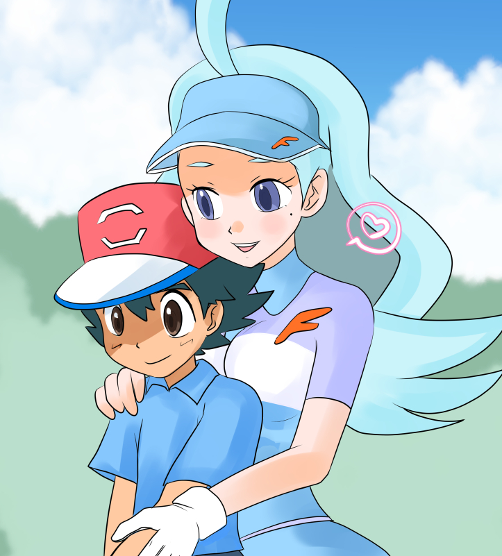 age_difference blue_eyes blue_hair creatures_(company) game_freak heart kahili_(pokemon) mole mole_under_eye nintendo pokemon pokemon_(anime) pokemon_sm_(anime) satoshi_(pokemon) shilfy_yo visor