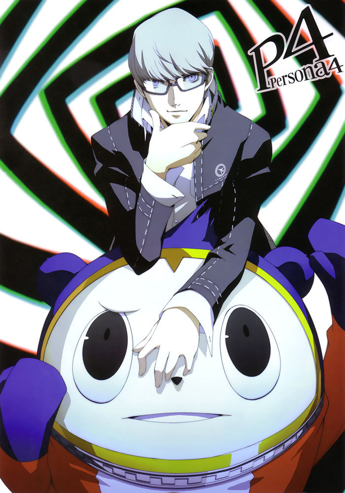 blue_eyes glasses grey_hair kuma_(persona_4) narukami_yuu official_art persona persona_4 school_uniform seta_souji shigenori_soejima smile soejima_shigenori