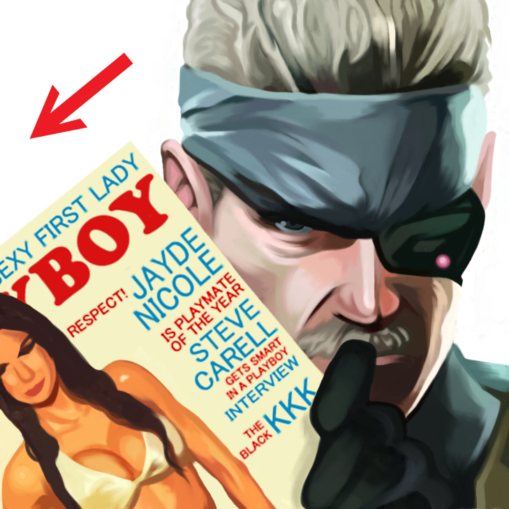 eyepatch facial_hair gloves headband magazine metal_gear_solid mustache old_snake parody playboy solid_snake white_hair