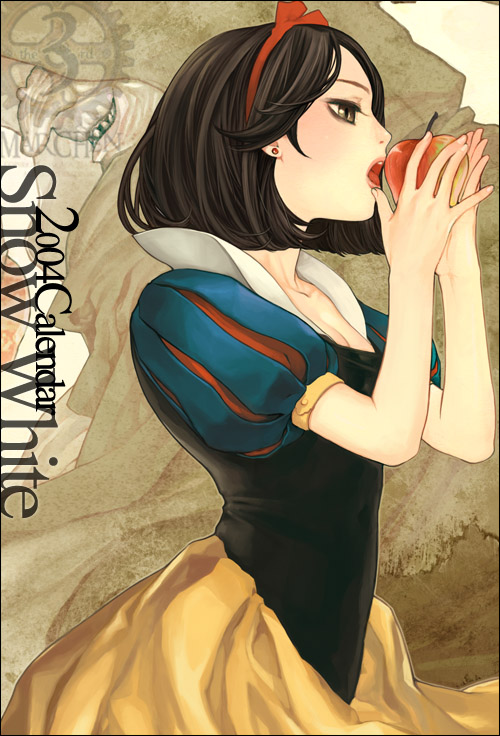 black_hair breasts brown_eyes cleavage disney dress eating food fruit grimm's_fairy_tales hairband holding holding_fruit nox short_hair snow_white snow_white_(grimm) snow_white_and_the_seven_dwarfs witch