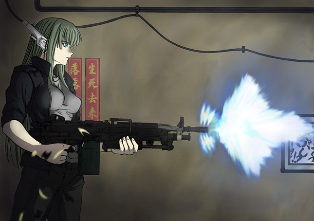 box_magazine casual firing fn_minimi ghost_in_the_shell green_eyes green_hair gun imizu_(nitro_unknown) karakuri_chachamaru long_hair machine_gun mahou_sensei_negima mahou_sensei_negima! muzzle_flash operator parody robot_ears weapon