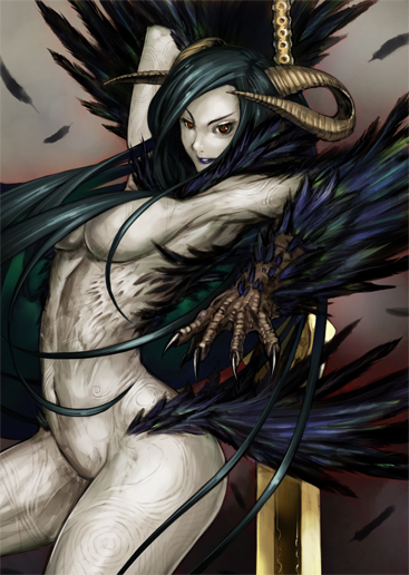 breasts claws feathers green_hair horns kometani_hisanobu large_breasts long_hair monster_girl nude pale_skin red_eyes wings