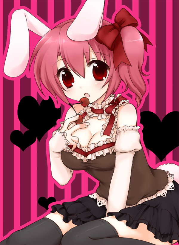 bow breasts bunny_ears cherry cleavage food fruit hair_bow heart mani original rabbit_ears red_eyes red_hair redhead sakura_(mani) side_ponytail thigh-highs thighhighs zettai_ryouiki