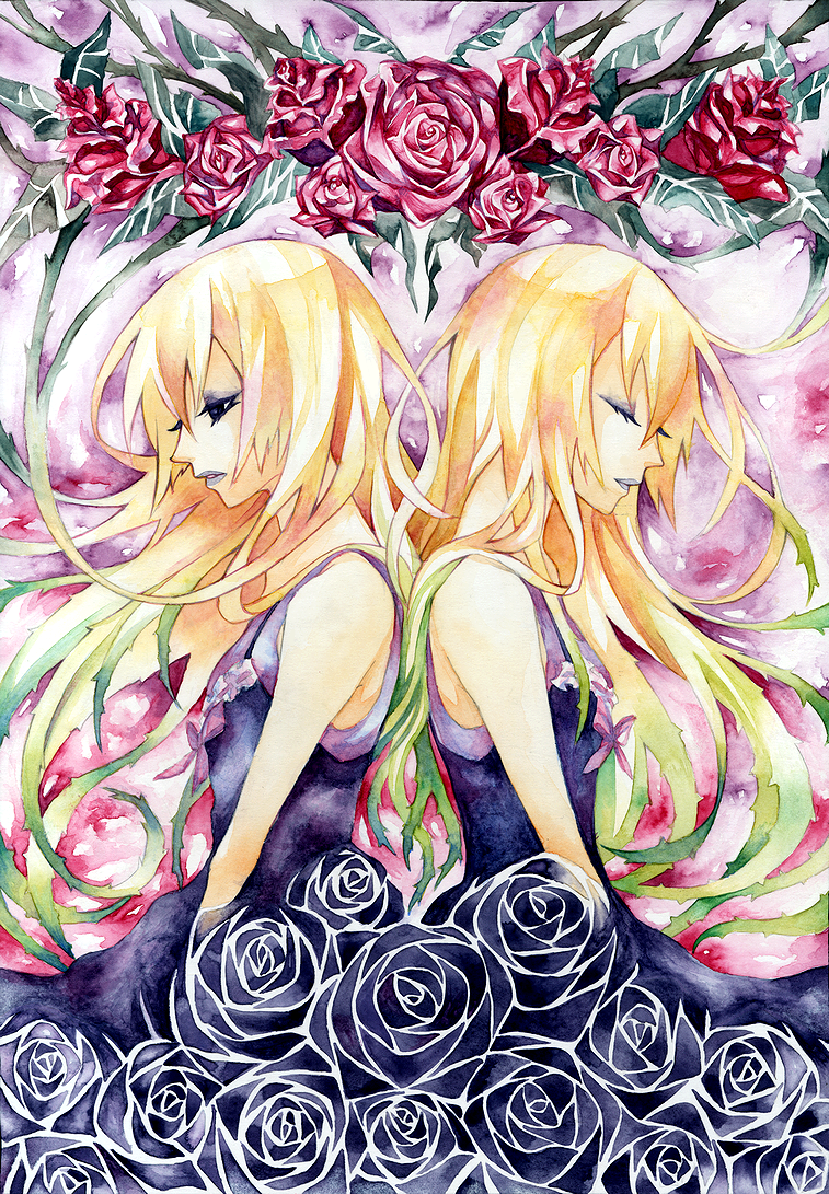 blonde_hair flower koushi_rokushiro multicolored_hair original rose siblings twins two-tone_hair