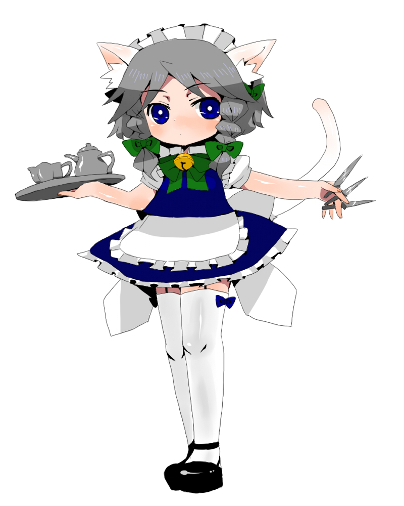bad_id bell blue_eyes bow braid cat_bell cat_ears cat_tail grey_hair hair_bow hairband izayoi_sakuya jingle_bell kettle knife short_hair silver_hair simple_background tail thigh-highs thighhighs touhou tray twin_braids yuto_mochi zettai_ryouiki