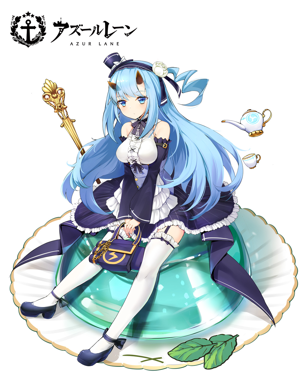 1girl :/ ahoge azur_lane bag bangs bare_shoulders belt belt_buckle black_belt black_footwear black_hairband black_hat blue_eyes blue_hair bow breasts buckle buttons center_frills chains closed_mouth copyright_name corset cup detached_sleeves dot_nose expressionless eyebrows eyebrows_visible_through_hair flower food frilled_skirt frills full_body garter_straps gold_chain hair_flower hair_ornament hairband handbag hands_together hat hat_bow highres holding holding_bag horns huge_ahoge inazuma_(azur_lane) jelly leaf lightning_bolt lolita_fashion long_hair long_sleeves looking_at_viewer medium_breasts mini_hat mini_top_hat neck_ribbon official_art oni_horns ootsuki_momiji own_hands_together plate pudding purple_hairband purple_hat purple_neckwear purple_ribbon purple_skirt ribbon shirt shoes sidelocks simple_background sitting skirt sleeveless sleeveless_shirt solo straight_hair striped striped_neckwear tachi-e taut_clothes taut_shirt teacup teapot thigh-highs tomoe_(symbol) top_hat tsurime underbust v_arms vertical-striped_skirt vertical_stripes very_long_hair white_background white_bow white_legwear white_shirt wide_sleeves wite_rose zettai_ryouiki