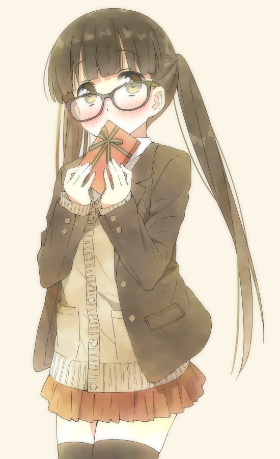 1girl bangs beige_background black-framed_eyewear black_hair black_legwear blazer blunt_bangs blush box brown_eyes cardigan covering_mouth cowboy_shot gift gift_box glasses holding holding_box holding_gift jacket long_hair long_sleeves miniskirt original pleated_skirt red_skirt school_uniform simple_background skirt solo thigh-highs tsuke_(maholabo) twintails