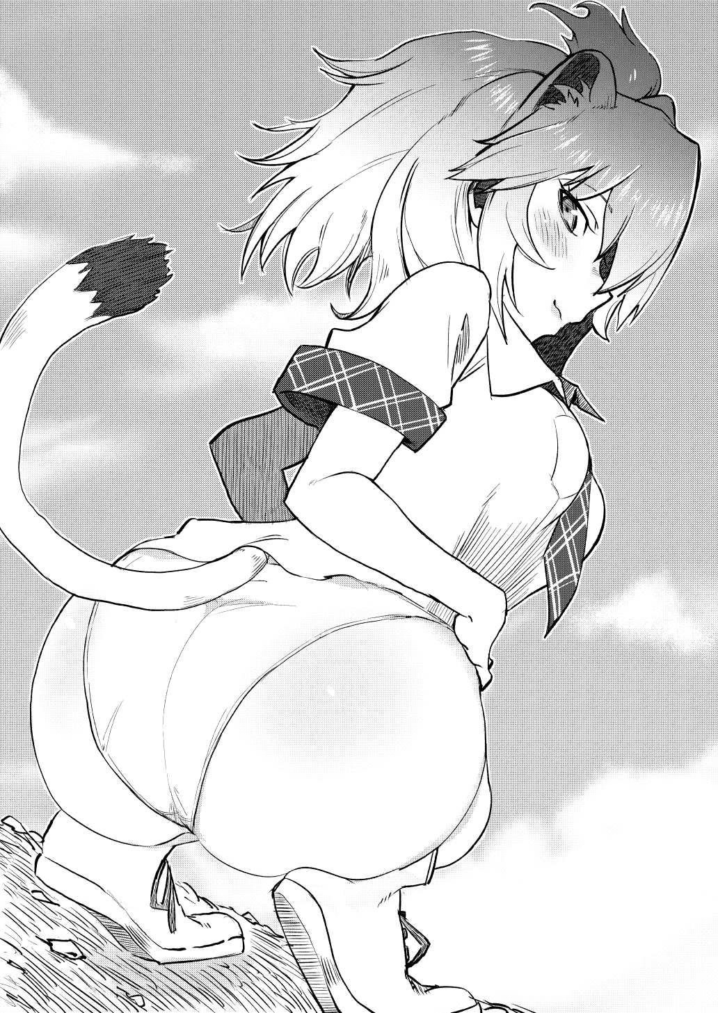 1girl animal_ears ass bangs blouse closed_mouth clouds cloudy_sky collared_blouse commentary_request cross-laced_footwear crotch_seam day dutch_angle eyebrows_visible_through_hair from_behind full_body highres kemono_friends lion_(kemono_friends) lion_ears looking_at_viewer looking_back necktie no_pants outdoors panties plaid_neckwear saku_(saku1151) shoes short_hair short_sleeves sky smile sneakers solo squatting tail underwear