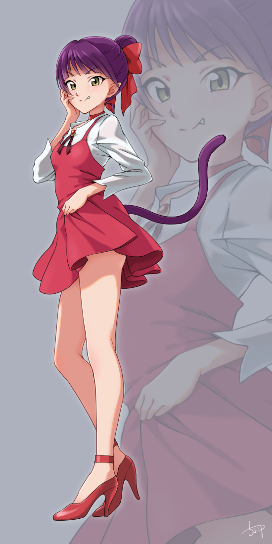 1girl blush bow cat_tail chocokin closed_mouth dress fang gegege_no_kitarou grey_background hair_bow long_legs looking_at_viewer nekomusume nekomusume_(gegege_no_kitarou_6) pointy_ears purple_hair red_bow red_dress shoes short_hair signature smile solo standing tail yellow_eyes zoom_layer