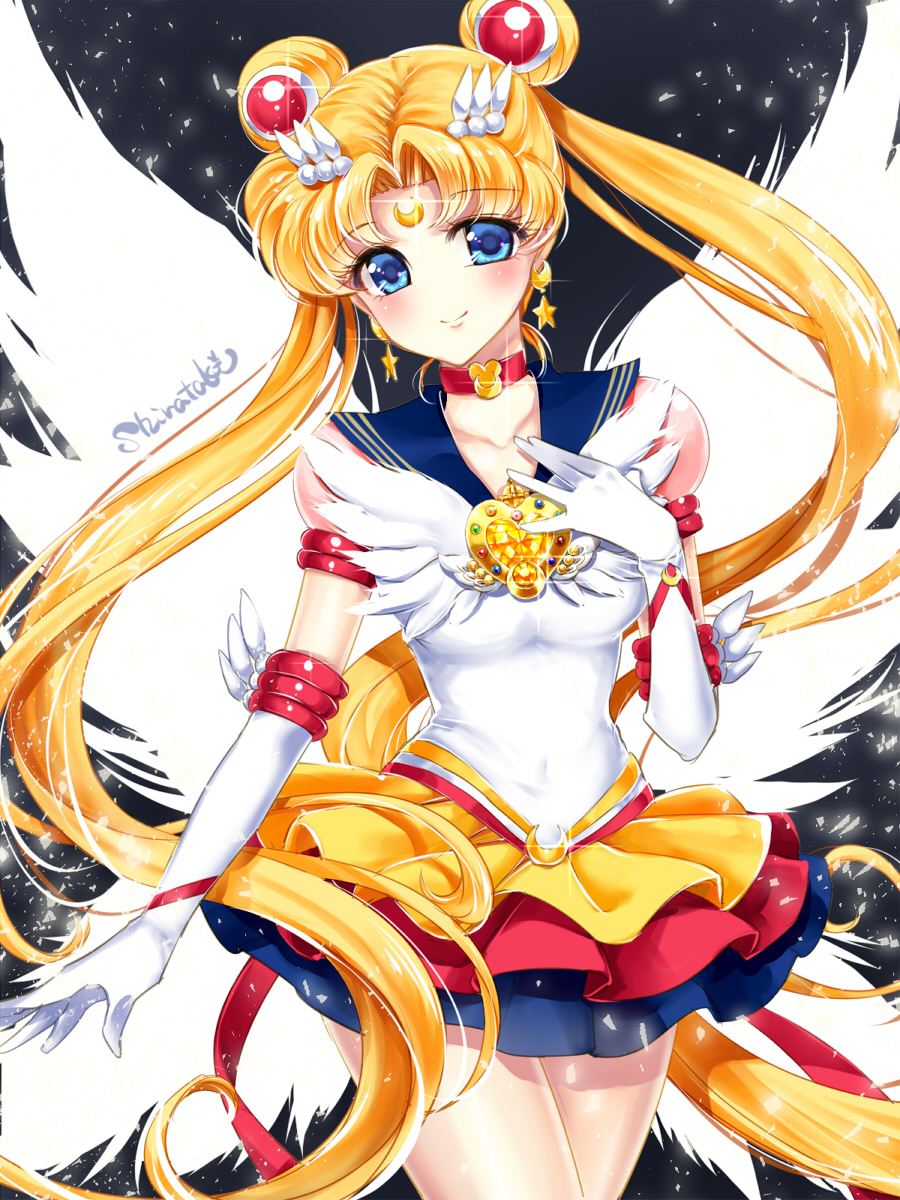 1girl bangs bishoujo_senshi_sailor_moon blonde_hair blue_eyes blue_sailor_collar blush brooch choker closed_mouth cowboy_shot crescent double_bun earrings elbow_gloves eternal_sailor_moon facial_mark forehead_mark gloves hair_ornament hairpin hand_on_own_chest highres jewelry layered_skirt long_hair looking_at_viewer magical_girl no_nose parted_bangs red_neckwear sailor_collar sailor_moon shirataki_kaiseki signature smile solo tsukino_usagi twintails white_gloves white_wings wings